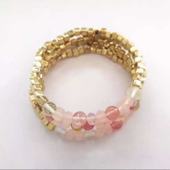 Boutique Jewelry - Boho stacking layering bracelet set of 4 in pink quartz stone  & gold beads NEW